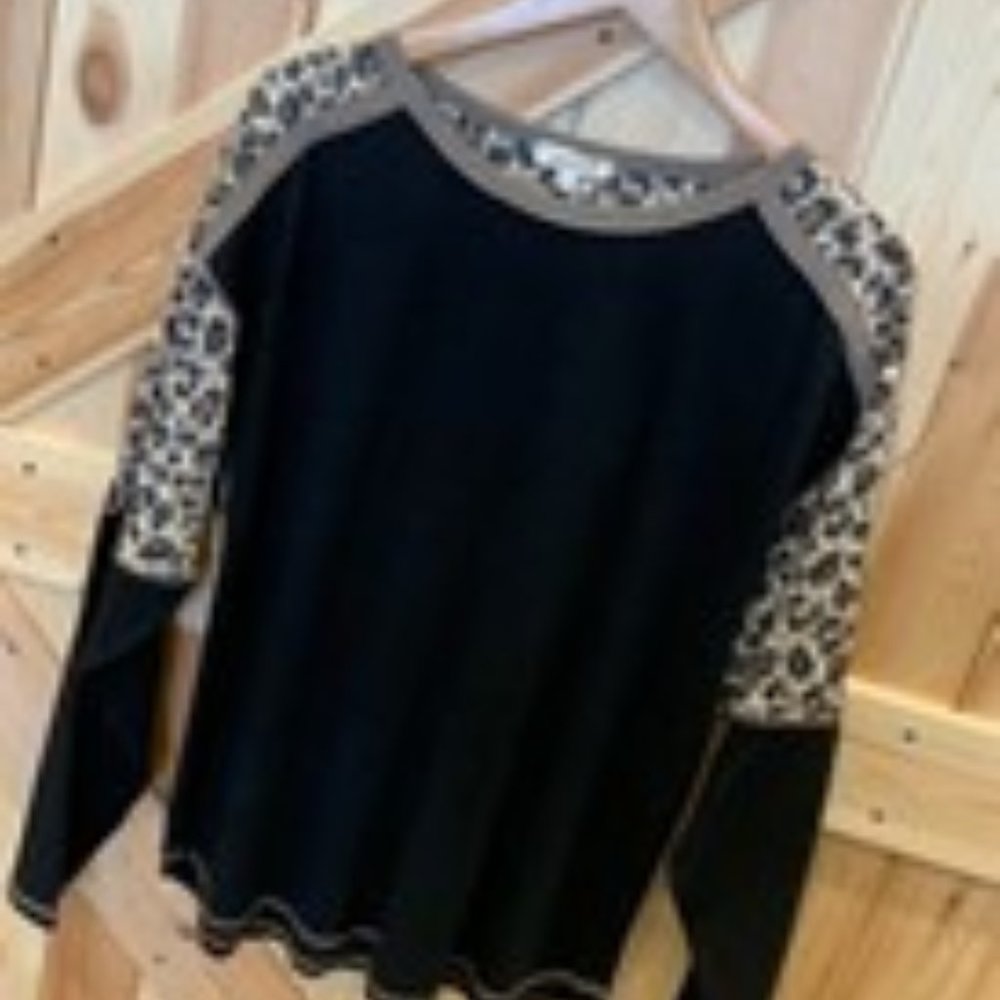 Mystree Black Top with Leopard Sleeve